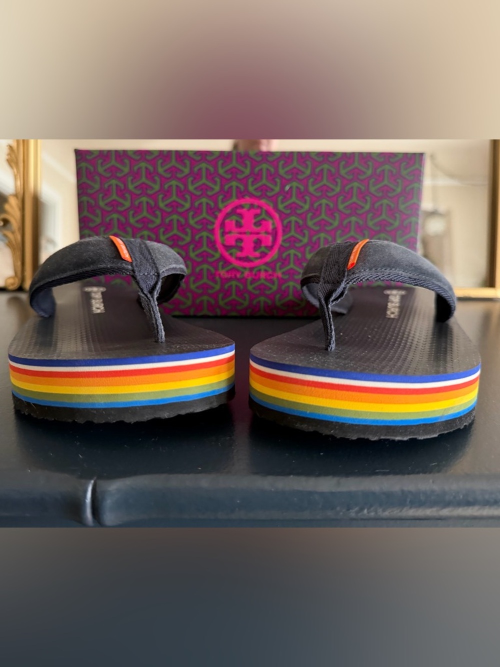 Tory Burch Black Thong Sandals with Rainbow Stripe Platform
